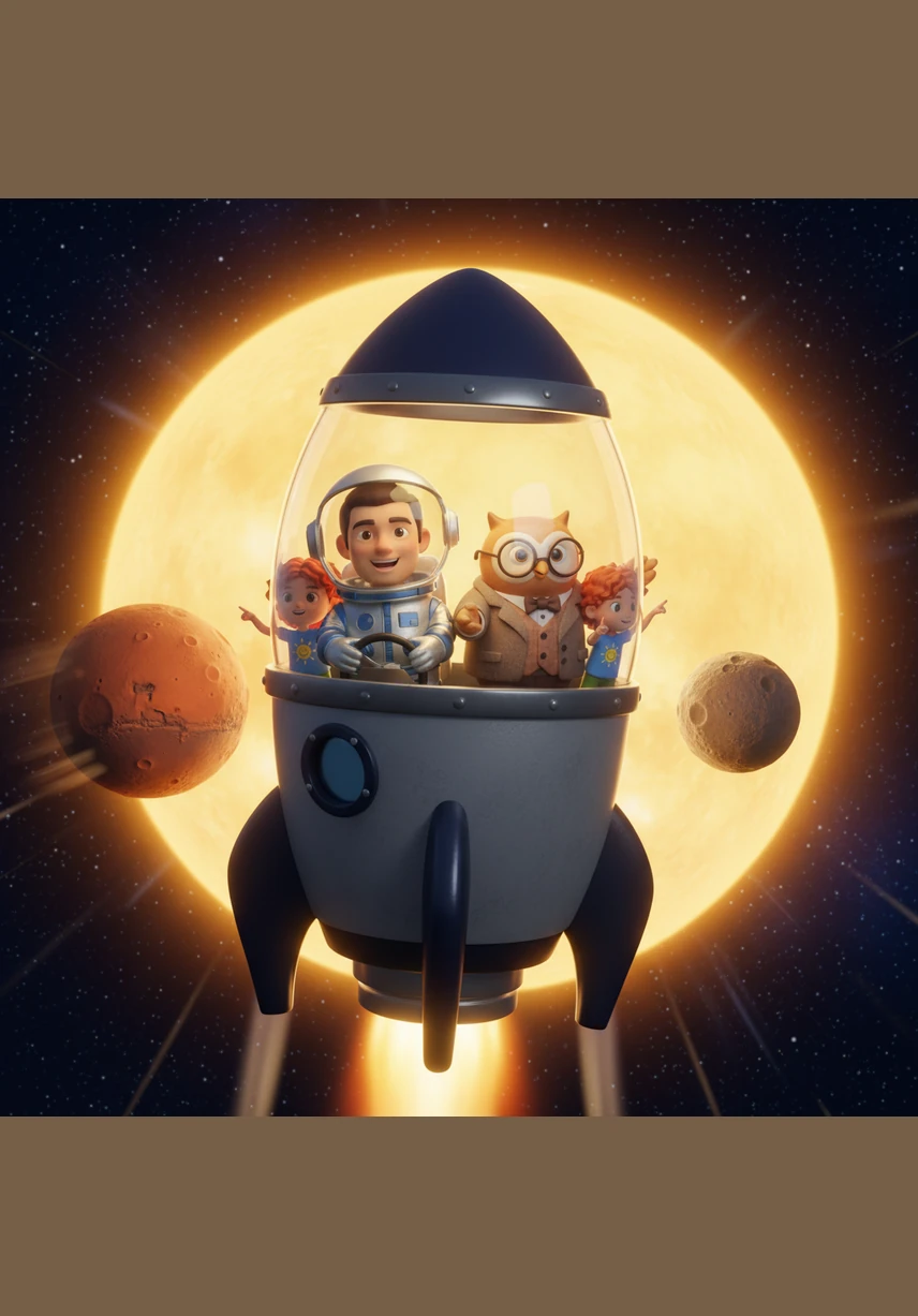 The rocket zooms past the dusty red plains of Mars and the small, rocky surface of Mercury near the bright, golden Sun. The children marvel at the different colors and shapes of the planets as they glide through the solar system.