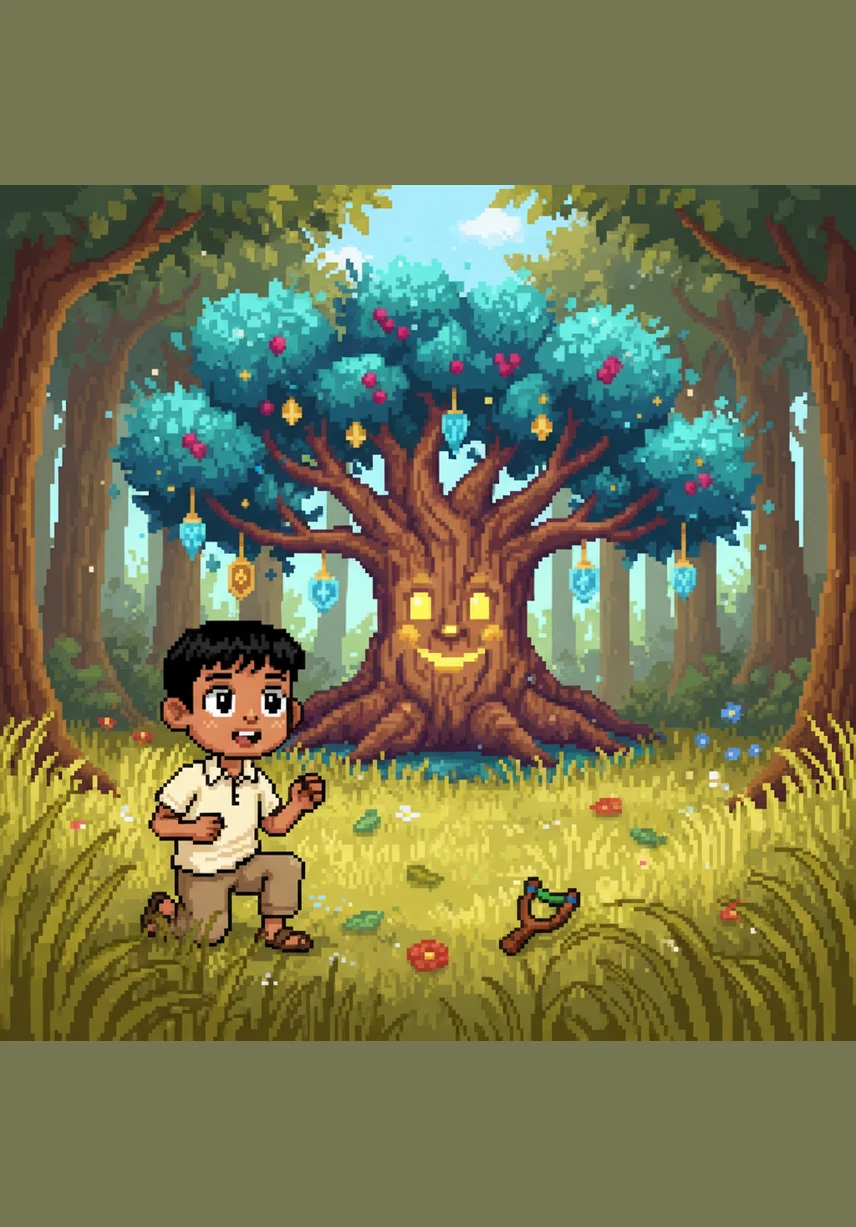 One sunny afternoon, while playing near the edge of the ancient forest, Chintu spotted something extraordinary through the tall grass. A mysterious tree stood apart from the rest, its leaves shimmering with a soft, magical light that sparkled like stars.