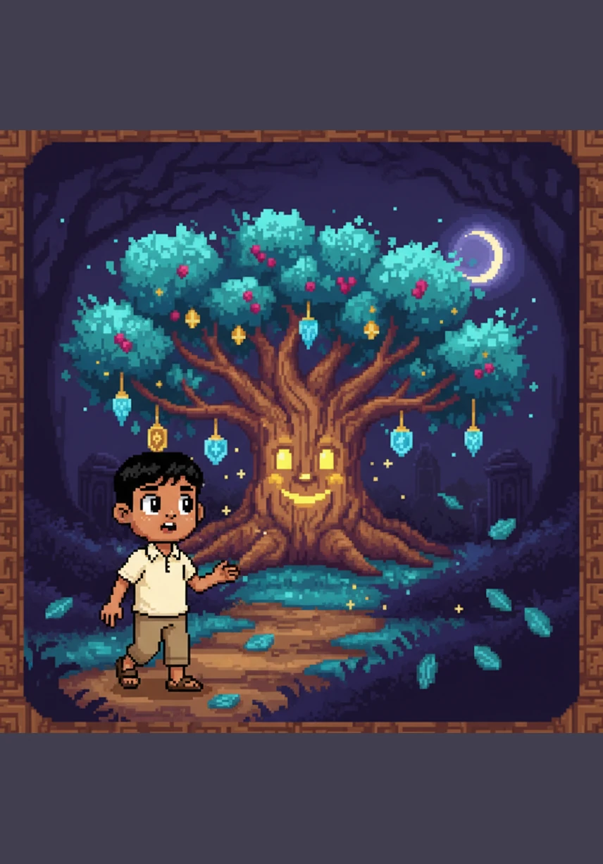 Filled with wonder, Chintu walked slowly toward the glowing tree and reached out to touch its shimmering bark. He whispered a gentle hello, wondering if the beautiful tree could hear his voice.