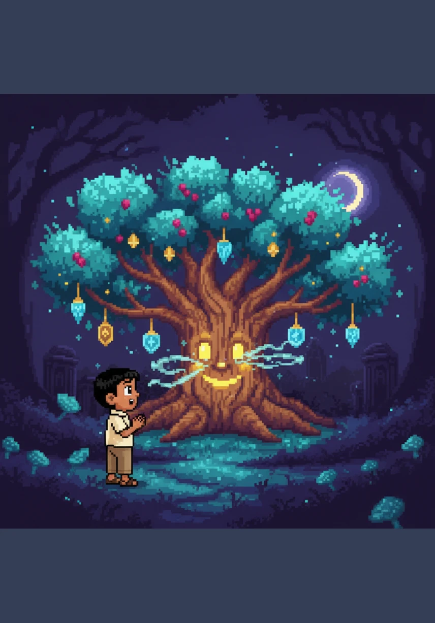 To Chintu's surprise, the tree rustled its glowing leaves and spoke in a deep, warm voice that sounded like a soft breeze. It introduced itself as the Magic Tree, explaining that it only revealed its secrets to children with kind hearts.