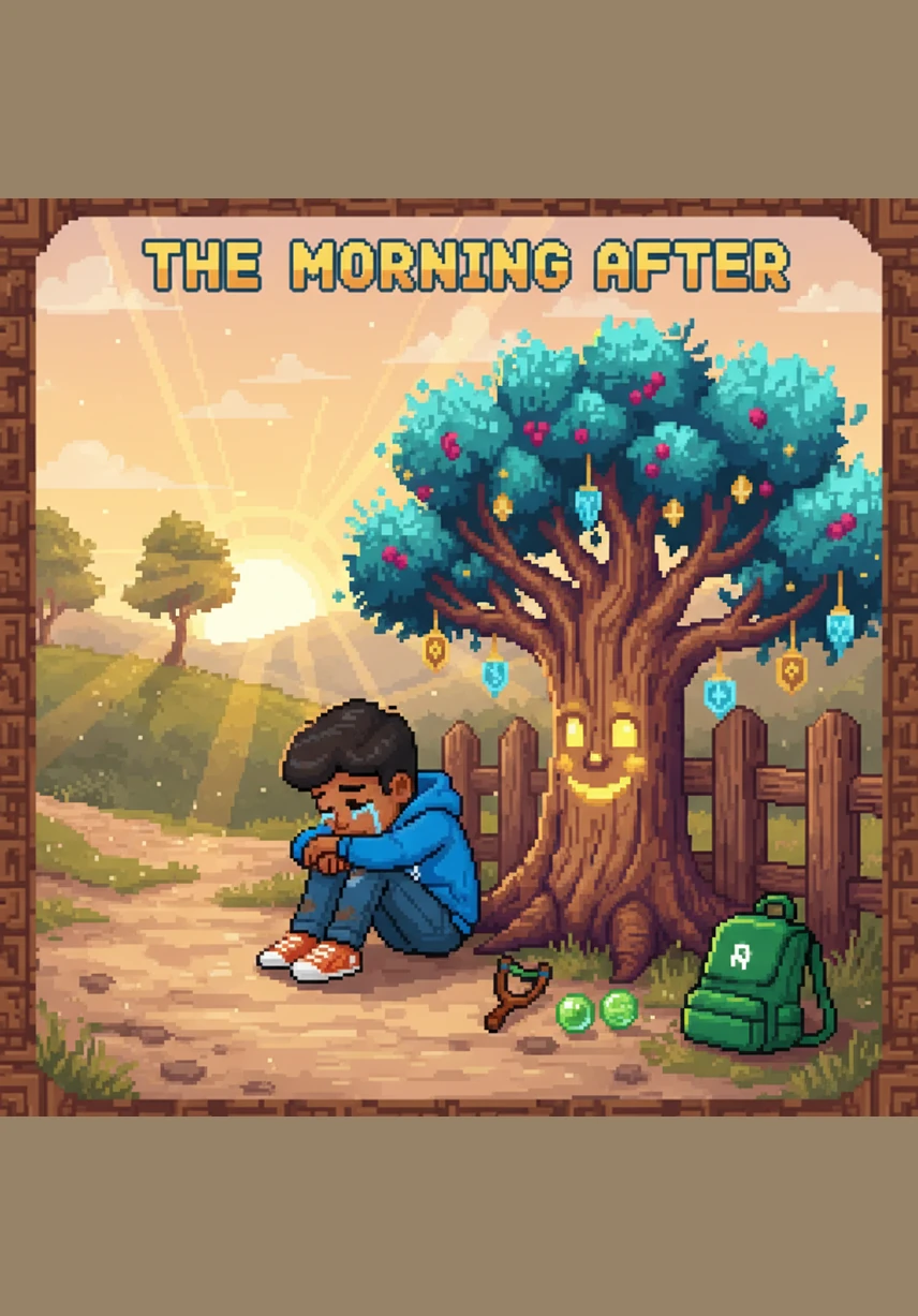 The next morning, Chintu found his friend Raju sitting by a dusty path, looking very sad because his favorite toy had broken. Chintu felt a pang of sadness for his friend and immediately remembered the kind words of the Magic Tree.