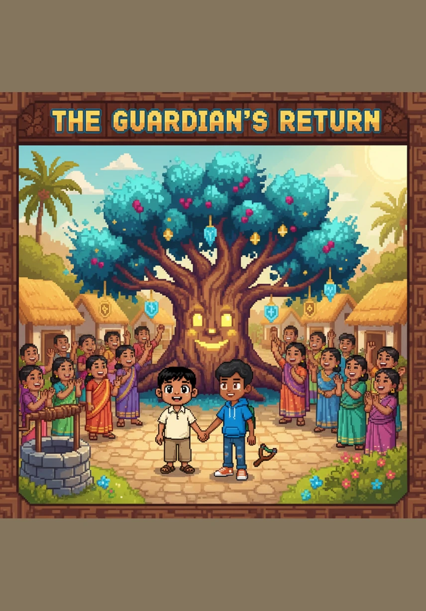 The entire village became a happier, brighter place because of Chintu’s generous spirit. Under the shade of the Magic Tree, Chintu stood proud, knowing that the greatest power anyone can possess is the power to be kind to others.