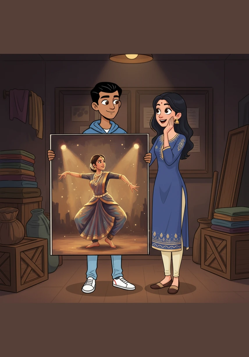 After the performance, Anil shows Kalavathi the detailed painting he created of her mid-dance. She gazes at the canvas in awe, remarking that his painting seems to hold more life and soul than her own movements on stage.