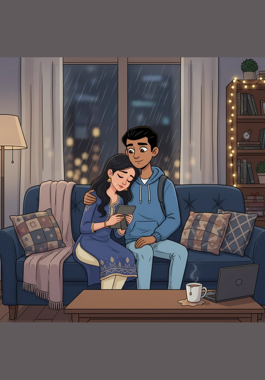 One rainy evening, they sit together in the quiet college library while the sound of raindrops taps rhythmically against the windows. The atmosphere is thick with unspoken emotions as they share a quiet moment surrounded by the scent of old books.