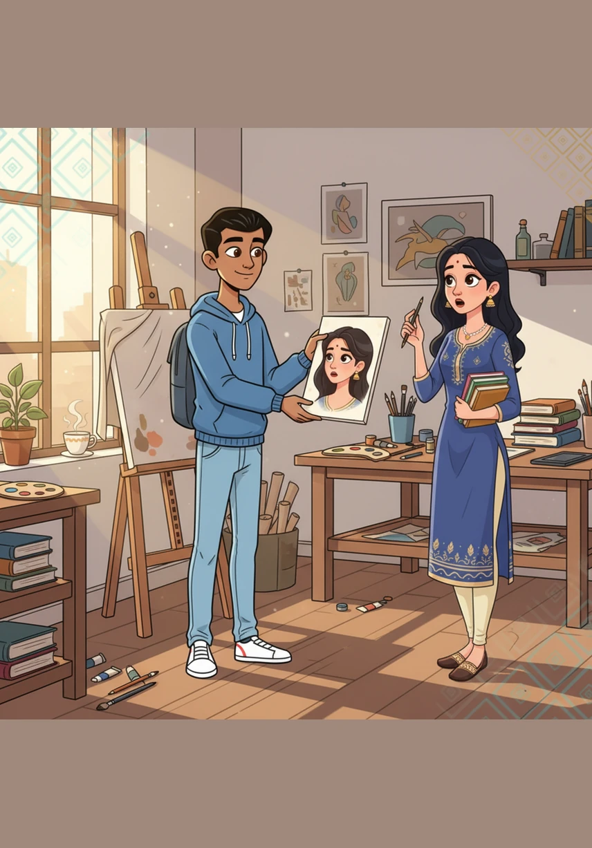 Anil looks at Kalavathi and softly confesses that before she arrived, his colors were just pigments on a canvas. Now, he feels that his entire life has become a beautiful, living painting because of her presence.