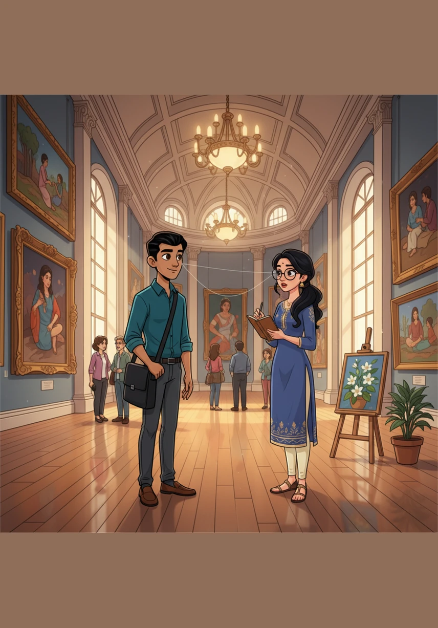 Years later, Anil hosts a grand exhibition of his paintings, with the center of the gallery featuring a large, veiled canvas. A crowd gathers in anticipation as he prepares to reveal the masterpiece that defines his journey.