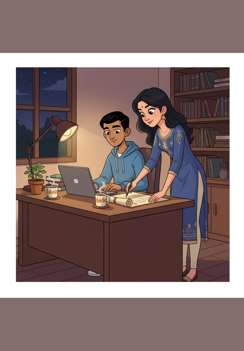 The curtain falls to reveal a breathtaking portrait of Kalavathi during her very first dance, glowing with life and love. Below it, a simple dedication reads: To Kalavathi, the source of my world of colors, with all my love.