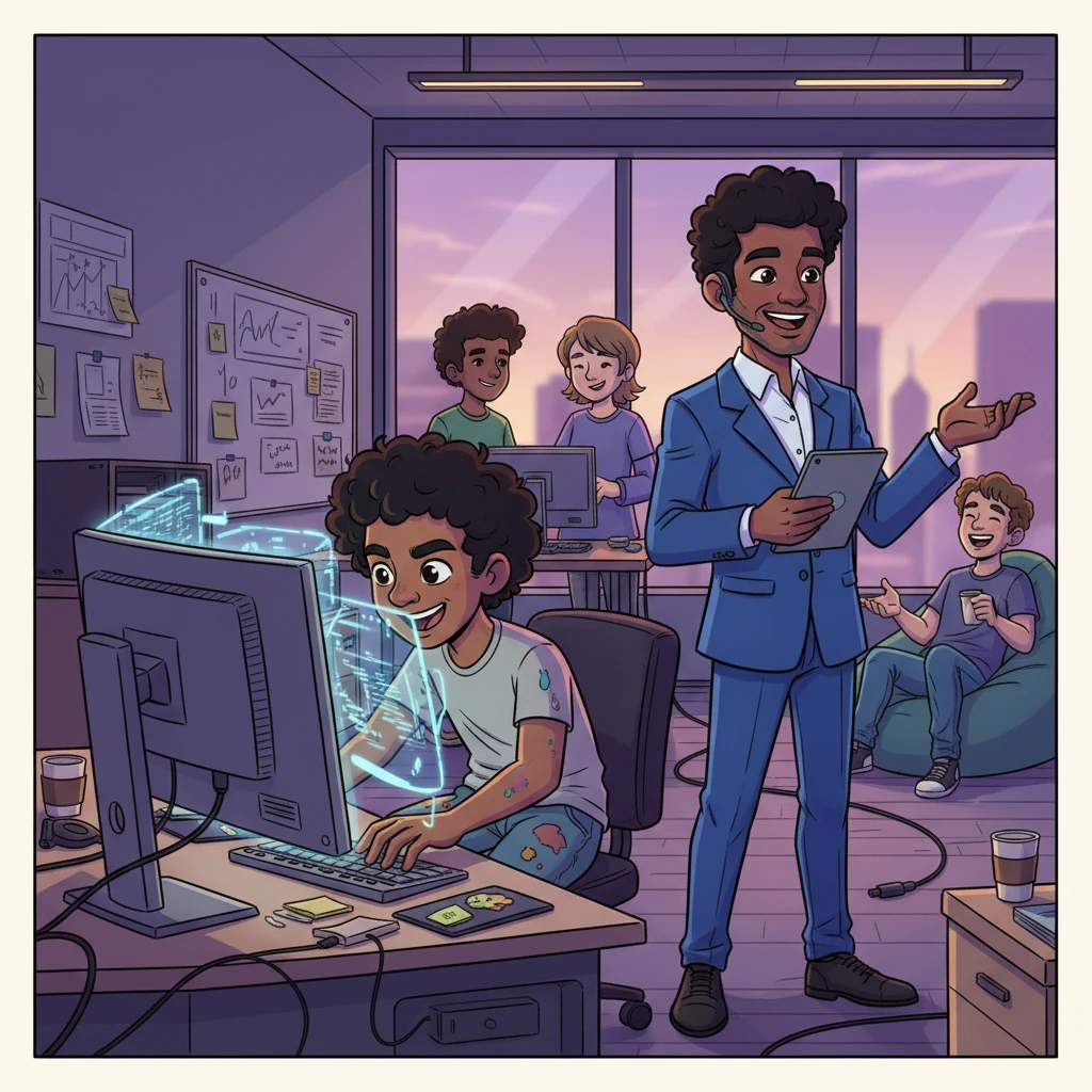 Ten years sprint by, and the seven friends, now in their early twenties, are bustling in a vibrant, albeit messy, tech startup office. Elias, a whirlwind of creative energy, hunches over his screen, his revolutionary algorithm forming the company's core, while Marcus, sharp-suited and charismatic, confidently navigates client calls, becoming the polished face of their brand. The air hums with youthful ambition and the exhilarating chaos of a dream taking flight, though Marcus's meetings sometimes stretch late, without the others.