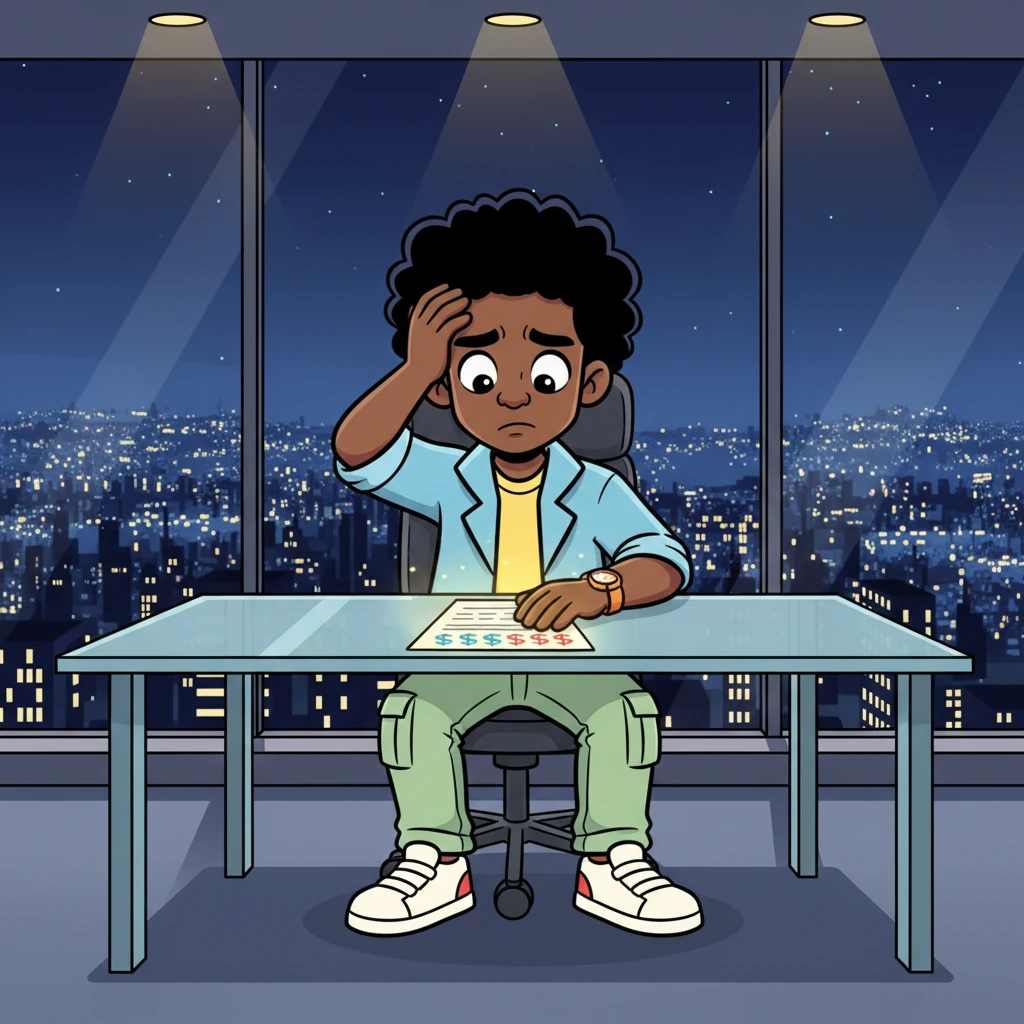 Marcus sits in his sleek, new office, the city lights twinkling outside like scattered diamonds, a stark contrast to the basement where his friends still toil. He stares at a tempting buyout offer, a staggering sum that promises untold riches but demands a cruel price: severing ties with his friends and claiming sole credit for Elias's genius. A heavy silence fills the room as he grapples with the gnawing hunger of ambition, trying to rationalize the choices he's about to make, telling himself it's 'just business'.