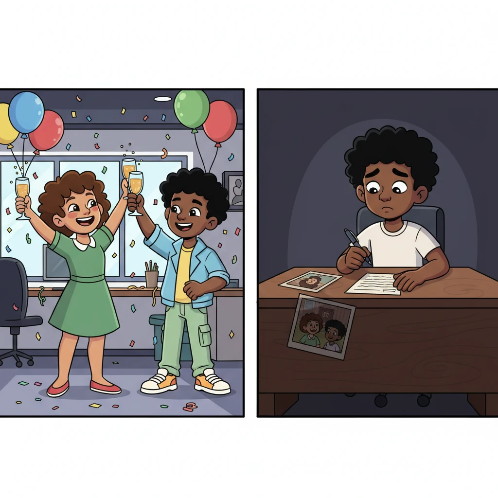 The startup office overflows with joyous celebration, colorful balloons bouncing as the friends toast to their first million users, their faces alight with pride and camaraderie. Yet, away from the laughter, Marcus sits alone in his office, his hand trembling slightly as he signs a document that quietly erases his friends' names from the patent. He glances at a faded photo of their smiling faces at the barn, then with a heavy sigh, turns it face down on his desk, silencing the ghosts of his past.
