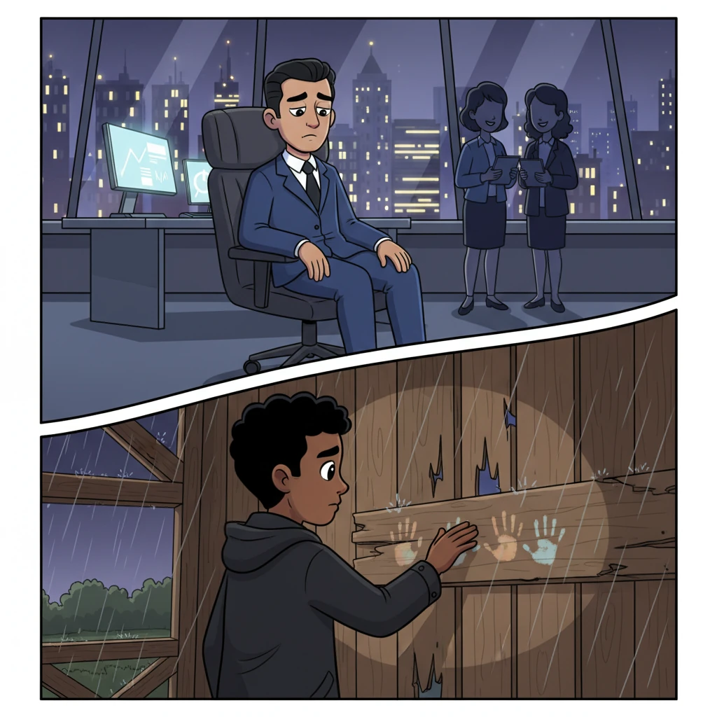 Five years later, Marcus sits in his opulent, glass-encased office, the city sprawling beneath him like a glittering, empty promise. Despite being the most successful man in the country, a profound loneliness shadows his eyes, surrounded by people who only see his money. Driven by an inexplicable ache, he finds himself driving through the rain-slicked night, back to the old, rotting barn, its weathered planks a stark reminder of a different time. He traces the almost-vanished fingerprints on the wooden beam, a ghost of a pact.