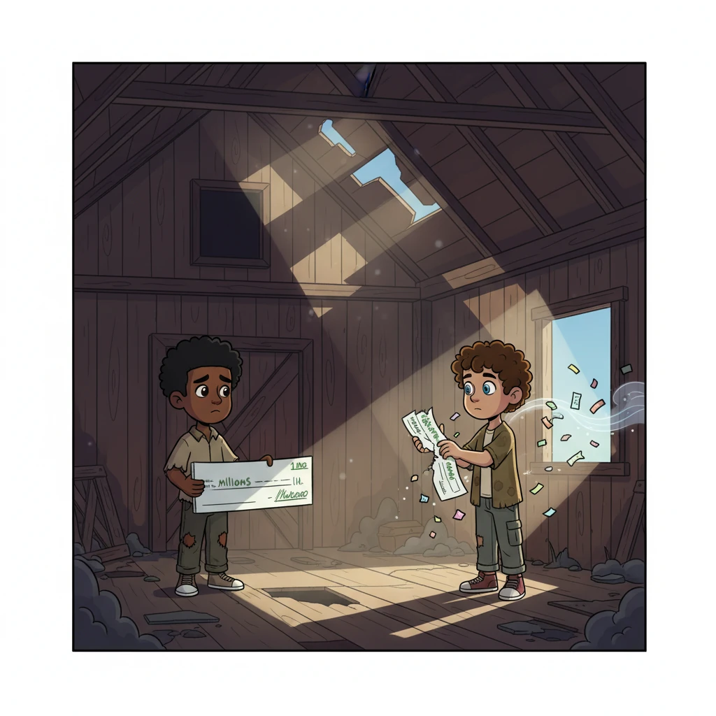 A floorboard creaks, and Elias emerges from the shadows of the barn, his gaze calm and free of anger, not seeking revenge, but simply remembrance. There are no hugs, no words of reconciliation, just a shared, heavy silence. Marcus, in a futile gesture, offers a check for millions, but Elias takes it, tears it into tiny pieces, and watches as the wind carries them away into the dark, a final farewell to what they once were. He turns and walks out, leaving Marcus utterly alone amidst the ruins of their fortress, a king in his own desolate kingdom.