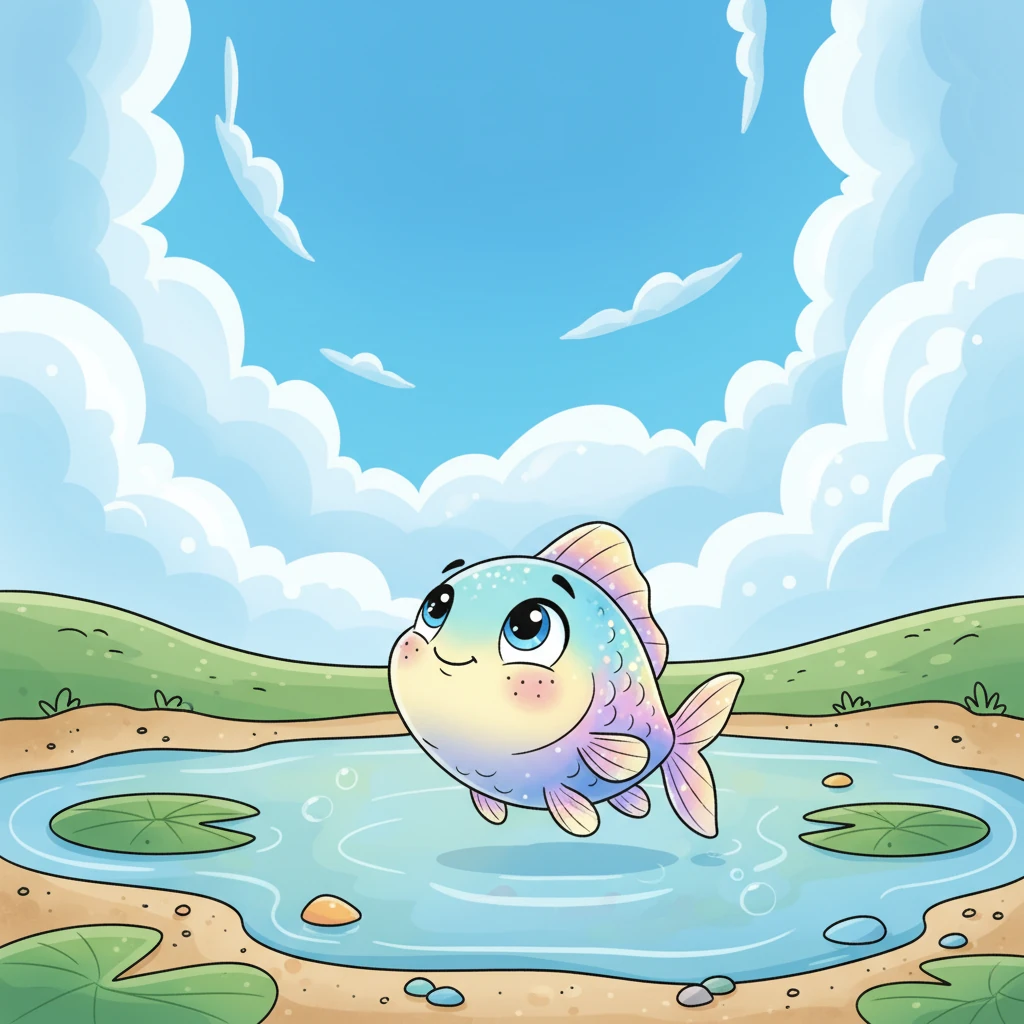 Sparkle, a tiny, bright-eyed fish, lived in a small, calm pond. She often gazed up at the big, blue sky, dreaming of a much bigger, sparkling world called the ocean.