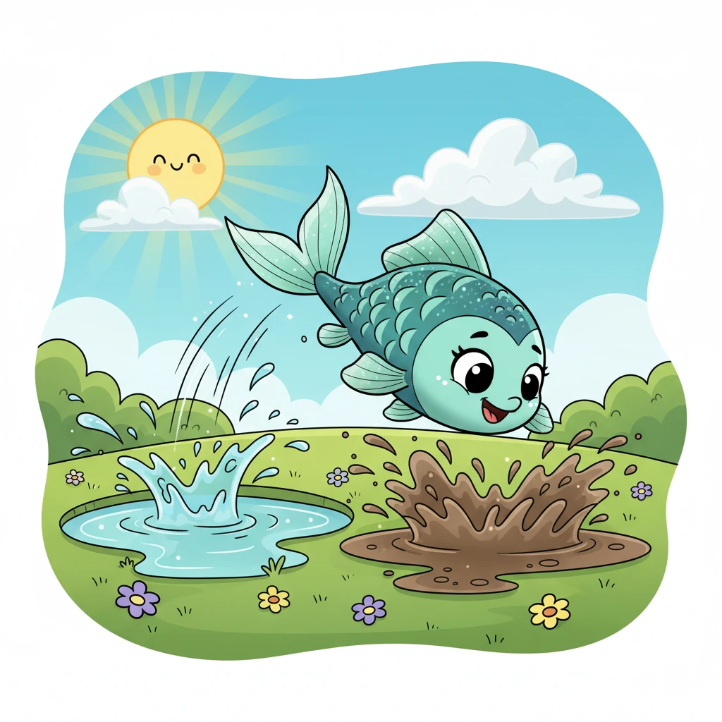 One sunny morning, Sparkle decided it was time for an adventure! With a determined flick of her tail, she leaped out of the pond, landing with a splash in a nearby puddle.