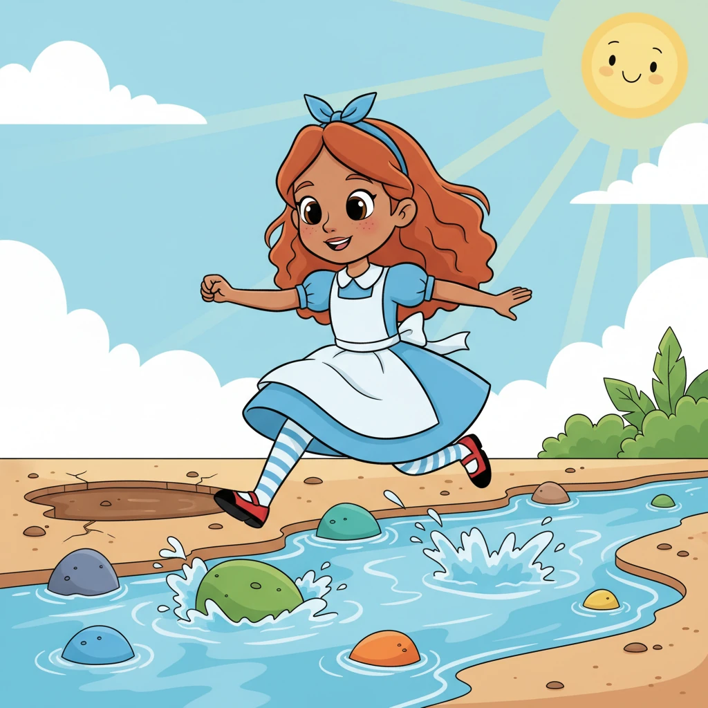 Soon, the puddle began to shrink under the warm sun. Sparkle knew she had to keep moving, so with another brave leap, she landed in a gurgling stream, rushing past colorful rocks.