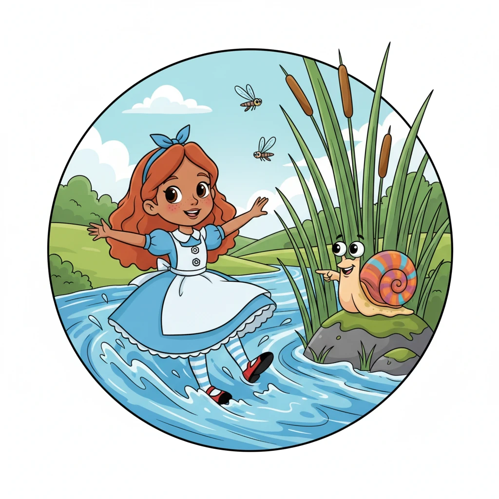 The stream was much faster, carrying Sparkle past tall, green reeds and buzzing dragonflies. She met a friendly snail who encouraged her onward, pointing with a little antennae.