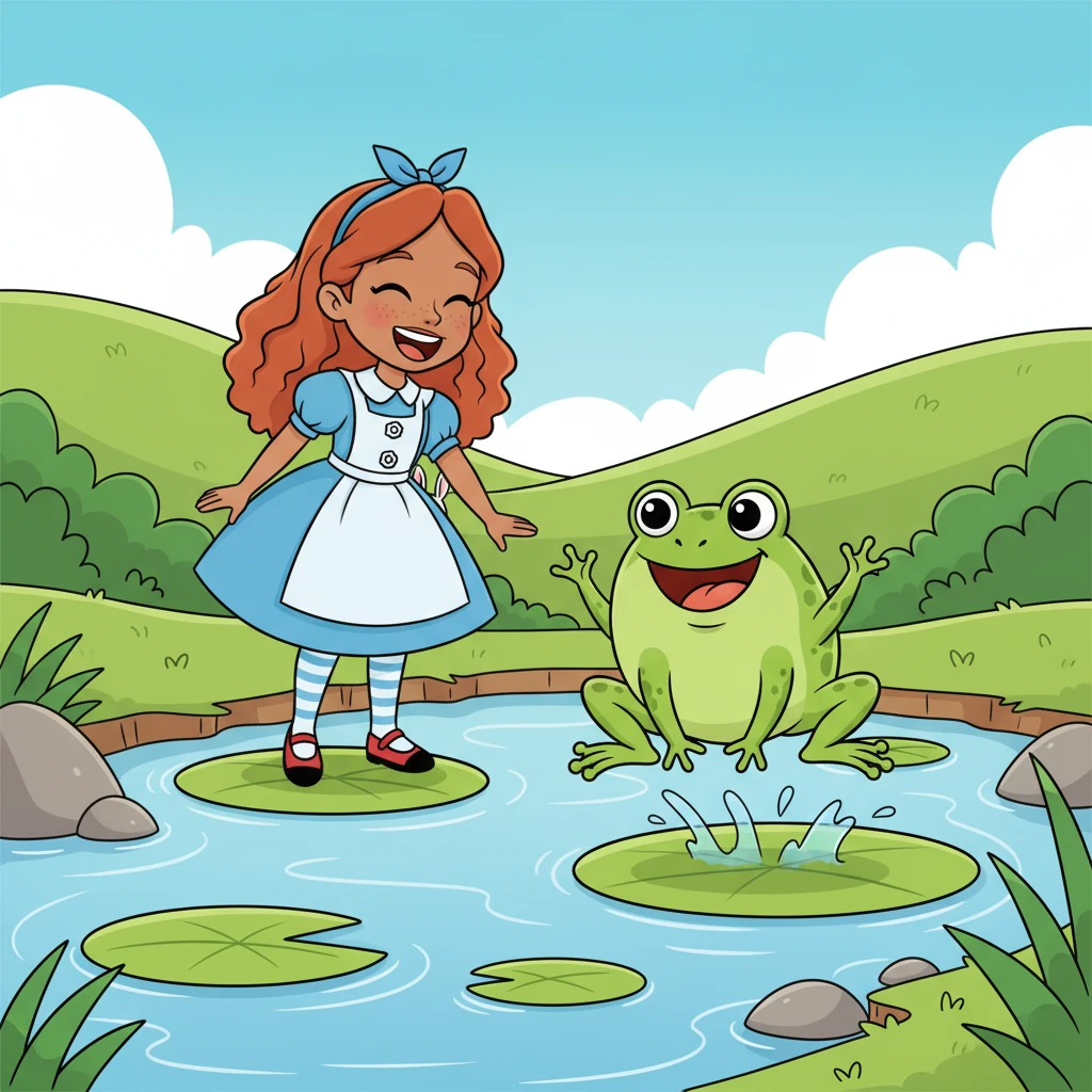 As the stream grew wider, Sparkle encountered a playful frog. The frog, with a big grin, showed her how to navigate around some tricky lily pads, making her laugh with his bouncy hops.