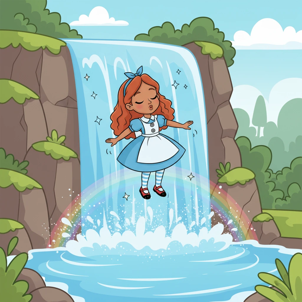 Suddenly, the stream tumbled into a magnificent, sparkling waterfall! Sparkle took a deep breath and, with a brave little flick, plunged down, feeling the rush of the cool water.