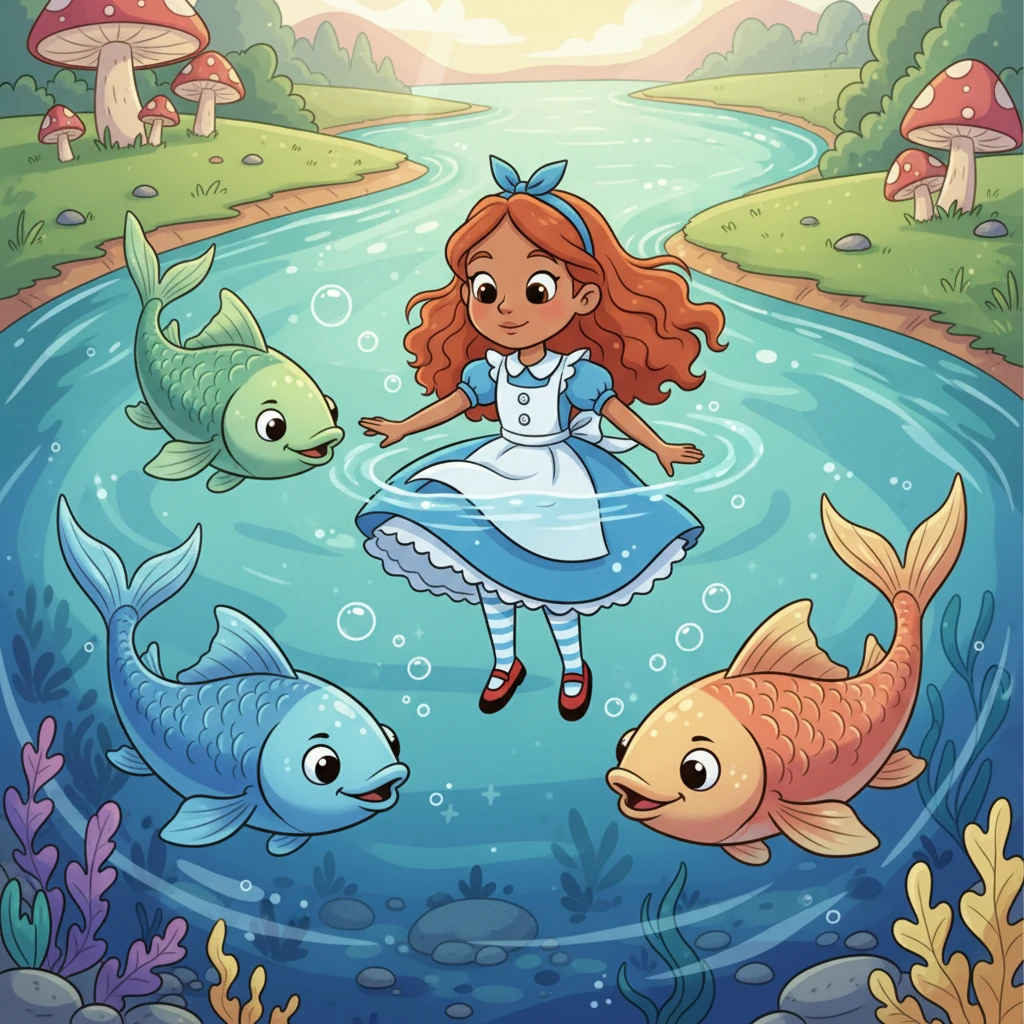 She landed in a wide, winding river, where she saw fish much bigger than herself. They swam gracefully, and Sparkle felt a sense of awe and wonder at the vastness around her.