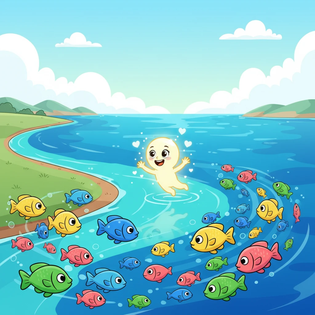 The river finally flowed into the most beautiful place Sparkle had ever seen: the vast, shimmering ocean! Schools of colorful fish swam by, and she felt a joyful splash in her heart.