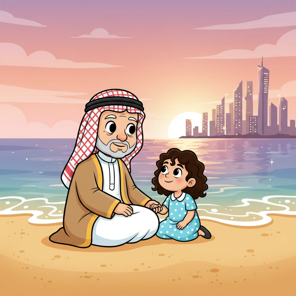 ليلى وجدها حسن يجلسان على رمال شاطئ البحرين الدافئة عند الغروب. أضواء المدينة الحديثة تتلألأ في الأفق، تنعكس ببهجة على صفحة الماء الهادئة. الأمواج تهمس بلطف، وتملأ الأجواء بالسلام والراحة. ليلى تنظر إلى جدها بفضول كبير.