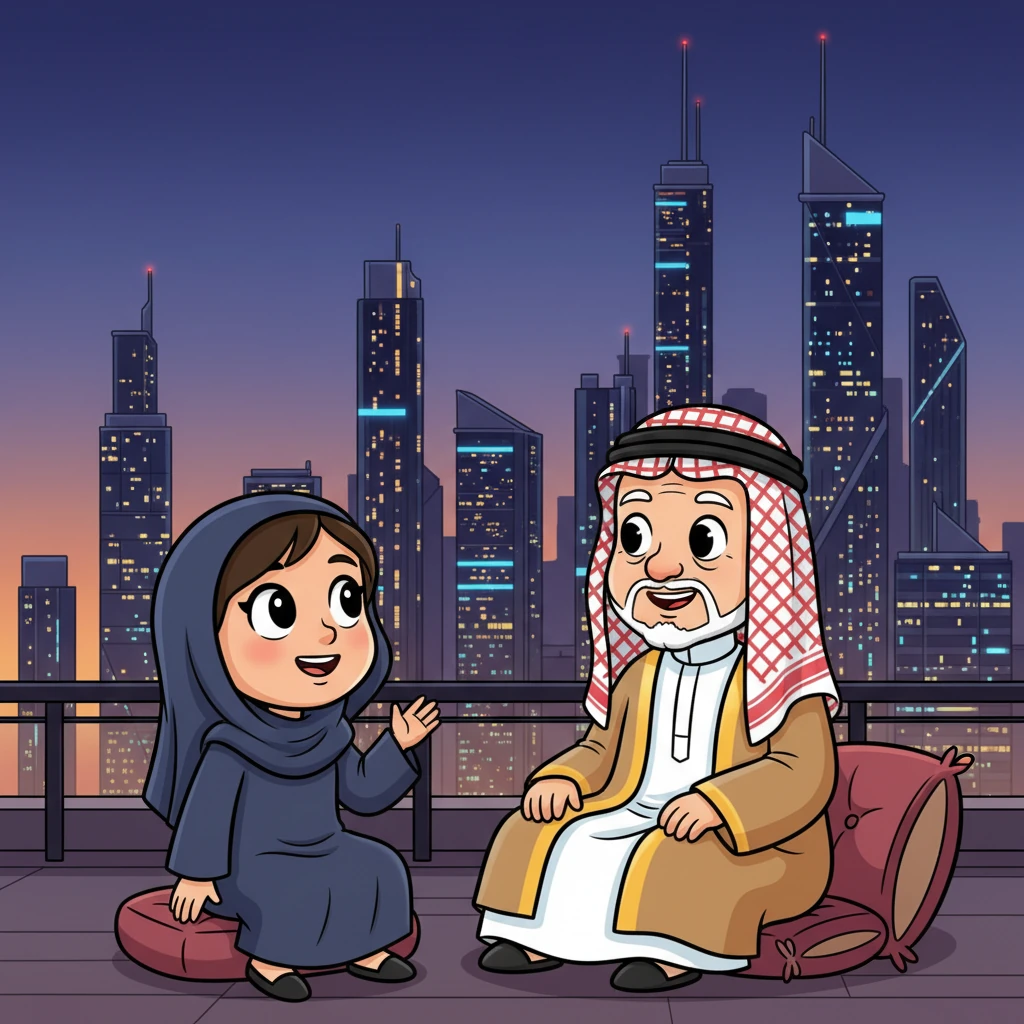 تلتفت ليلى إلى جدها حسن، وعيناها الواسعتان تلمعان بالأسئلة. تسأله بحماس عن كيف كانت الحياة في زمنه، وهل كانت مختلفة عن عالمها المليء بالأضواء والأبراج الشاهقة. جدها يبتسم بحنان، يستعد ليروي لها حكايات الماضي.