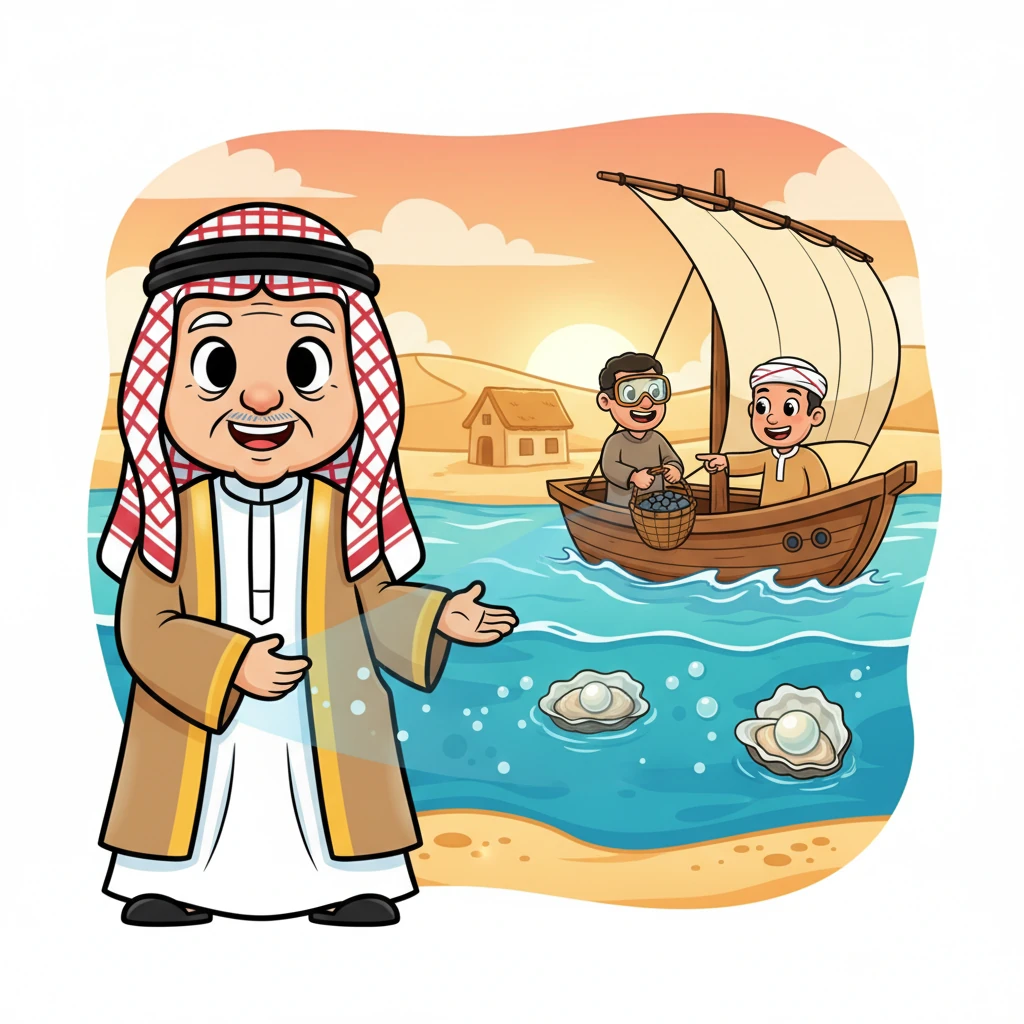 بابتسامة دافئة، يبدأ الجد حسن في وصف البحرين القديمة. يرى القارئ رجالًا شجعانًا يبحرون في سفن خشبية بسيطة، تسمى "الدّوا" في الخليج، مجهزين للغوص على اللؤلؤ الثمين. كانت حياتهم مرتبطة ارتباطًا وثيقًا بالبحر، مصدر رزقهم وصبرهم.