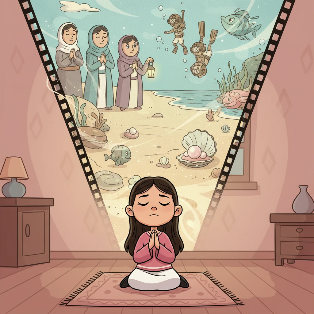 تغمض ليلى عينيها وتتخيل المشهد وكأنه فيلم قديم ينبض بالحياة أمامها. ترى الغواصين الشجعان وهم يغوصون في أعماق البحر، وتتخيل الأمهات وهن ينتظرن عودة أحبائهن بالدعاء والأمل. شعور بالفخر يملأ قلبها لأجدادها الأقوياء والصابرين.