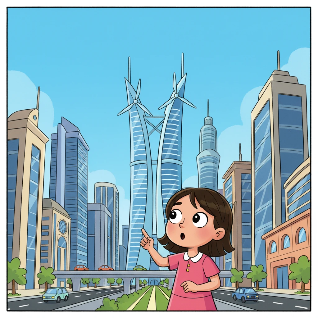 تفتح ليلى عينيها وتنظر حولها إلى المدينة الحديثة التي تحيط بها. ترى الأبراج الزجاجية اللامعة ترتفع نحو السماء، مثل برج البحرين المالي الذي يتوهج بأضوائه الساطعة. إنها مدينة نابضة بالحياة والتطور، تختلف تمامًا عن حكايات جدها.