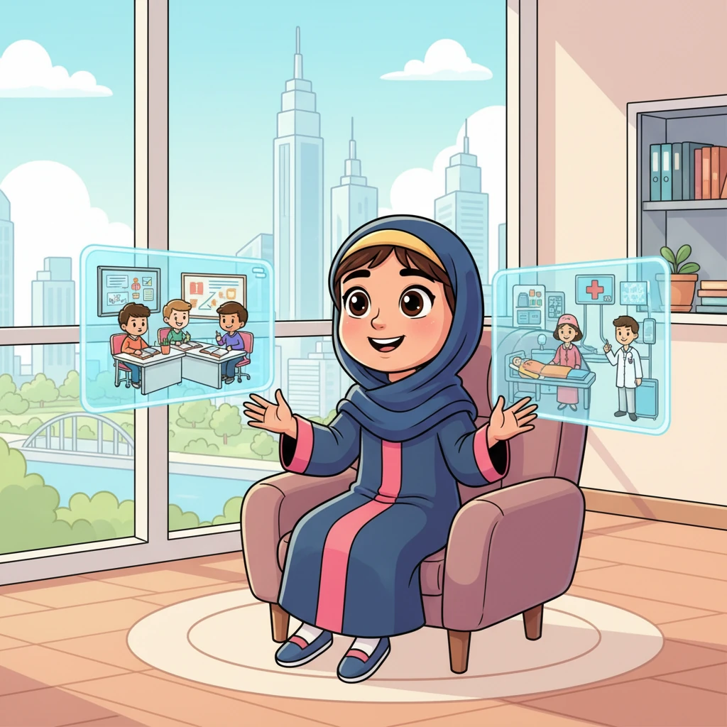 تدرك ليلى أن الحياة اليوم أسهل بكثير وأكثر راحة بفضل كل هذا التطور. تفكر في المدارس الحديثة التي توفر لها العلم والمعرفة، والمستشفيات المتطورة التي ترعى صحة الجميع. هناك الكثير من الفرص الجديدة للتعلم والنجاح في هذا العصر الحديث.