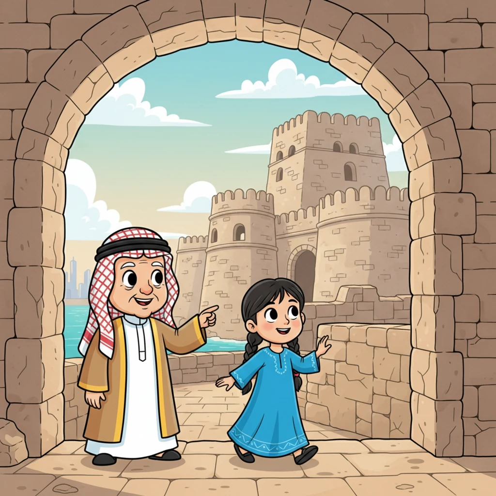 في يوم آخر، تزور ليلى وجدها قلعة البحرين العريقة، وهي تقف شامخة كشاهد على التاريخ. تتجول ليلى بين جدران القلعة القديمة، وتشعر وكأنها تقف على مفترق طرق بين الأزمنة. الماضي والحاضر يتشابكان في هذا المكان الأثري الجميل.