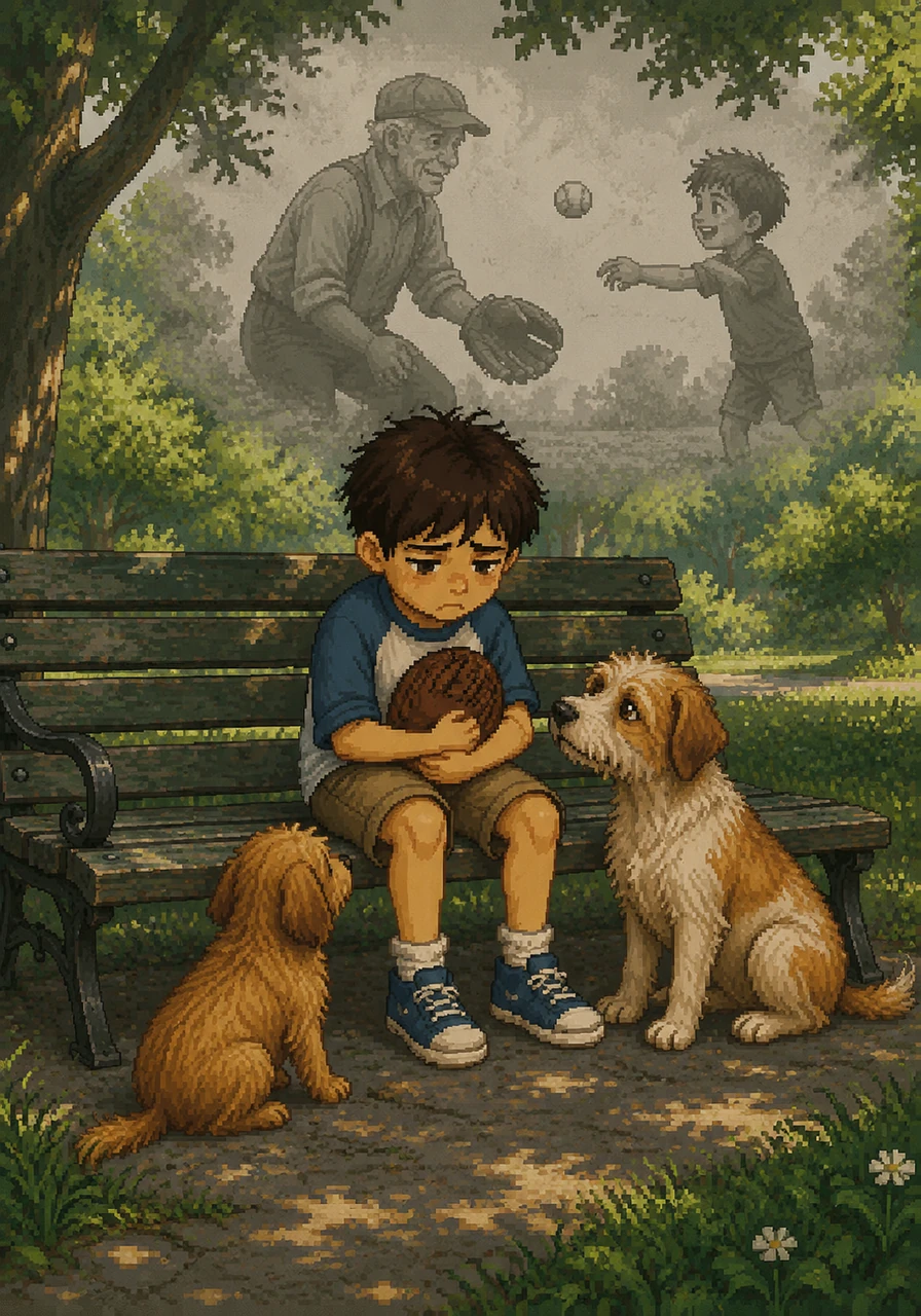 Leo sat alone on a weathered park bench, clutching an old baseball glove that felt far too heavy. The world around him was vibrant and green, but he only saw the gray shadows of the grandfather he missed so dearly.