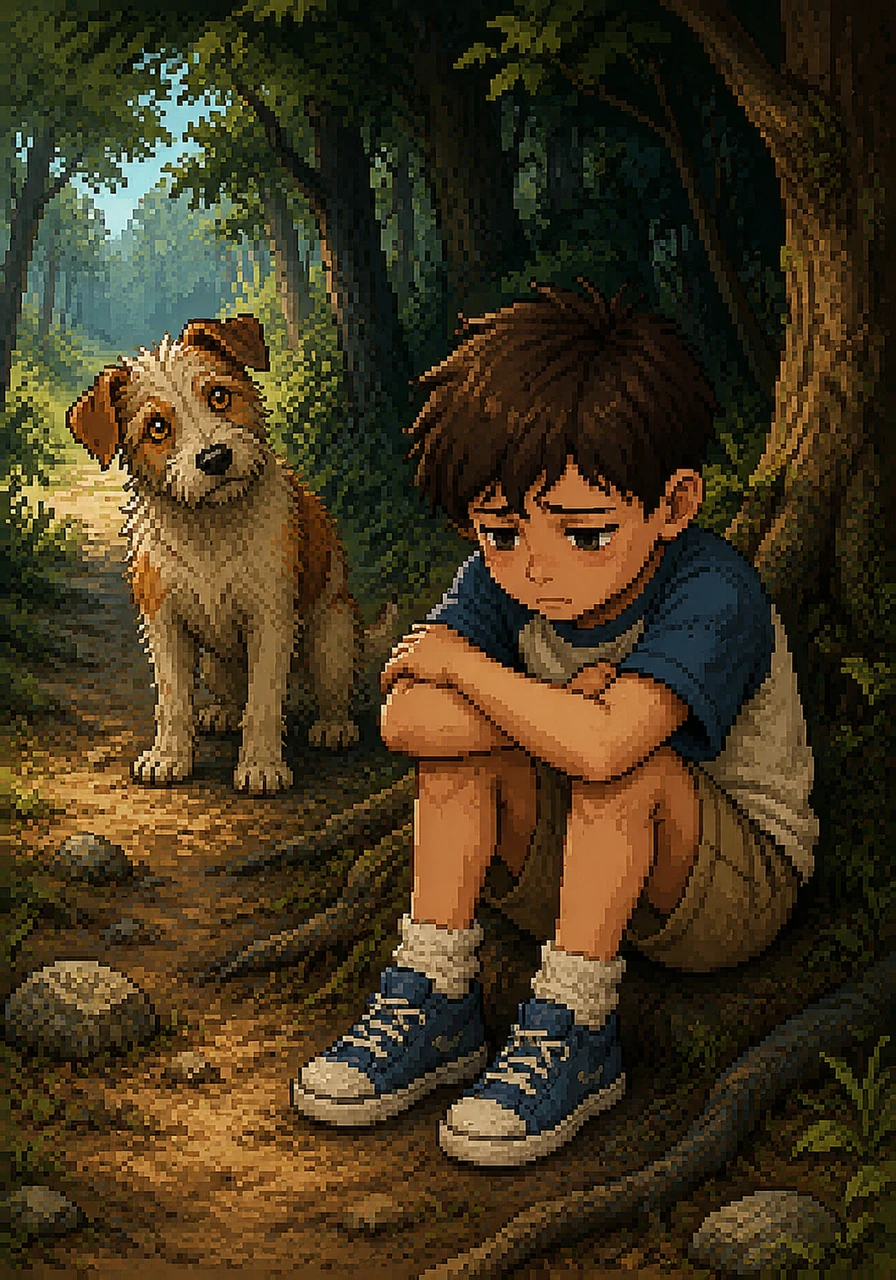 From the edge of the woods, a scruffy dog with patches of golden fur and a notched ear watched the boy. The stray had no home and no name, but he possessed a heart that could sense the weight of a heavy soul.