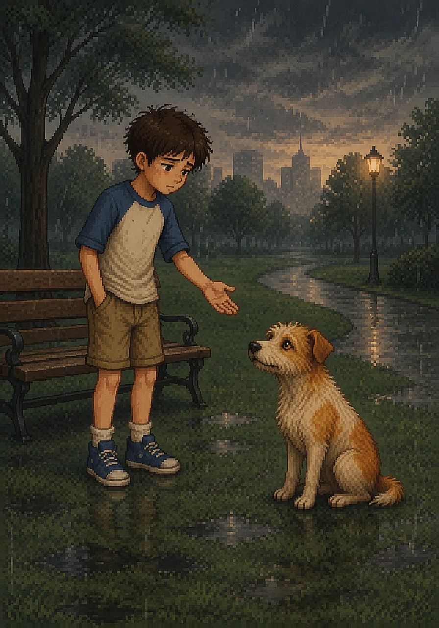 Dark clouds gathered and a soft rain began to fall, turning the park into a watercolor blur. Leo stood up and beckoned the dog to follow him, unwilling to leave his new, silent friend alone in the storm.
