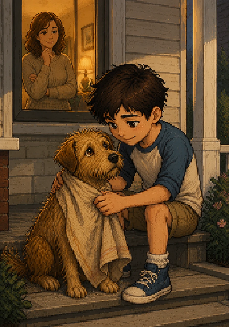 At the front porch, Leo’s mother watched through the window as her son gently dried the dog with an old towel. She saw a flicker of light in Leo’s eyes that had been missing for months, and she knew their lives were about to change.