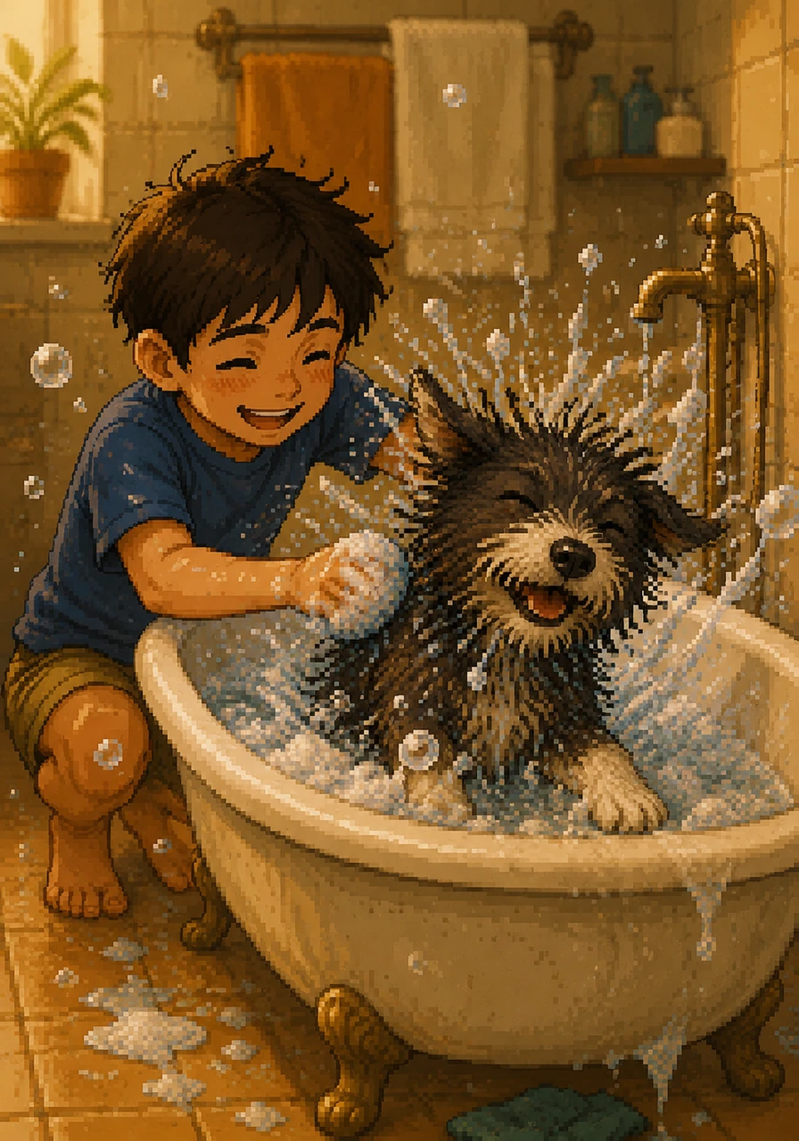 In the warm glow of the bathroom, Leo gave the dog a soapy bath, scrubbing away the dirt of the streets. As the dog shook himself dry, sending bubbles flying everywhere, Leo let out a small, genuine giggle that echoed through the house.