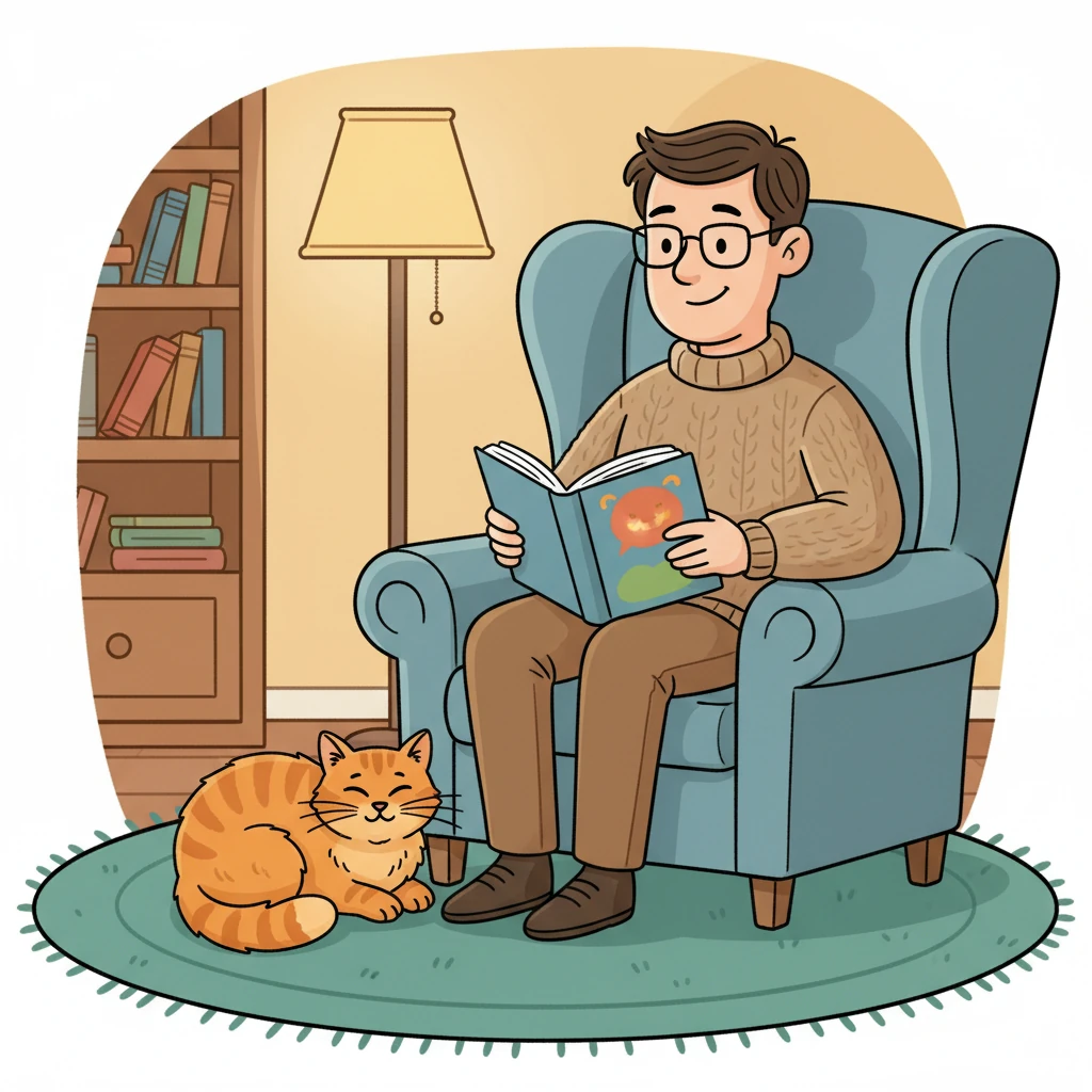 A cozy cat, Pat, sat calmly on a soft, green rug. A kind man, Dan, sat nearby in a comfy chair, reading a book.