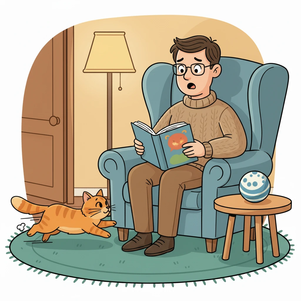 Suddenly, Pat the cat, quick as a flash, ran off the rug and out of sight. Dan the man looked up, a little surprised.