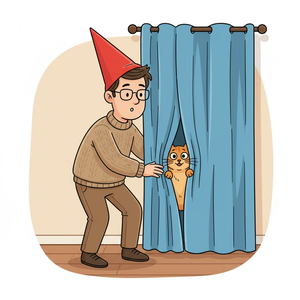 Dan the man had a bright red hat on his head. Pat the cat, being very sneaky, hid behind a large blue curtain, peeking out.