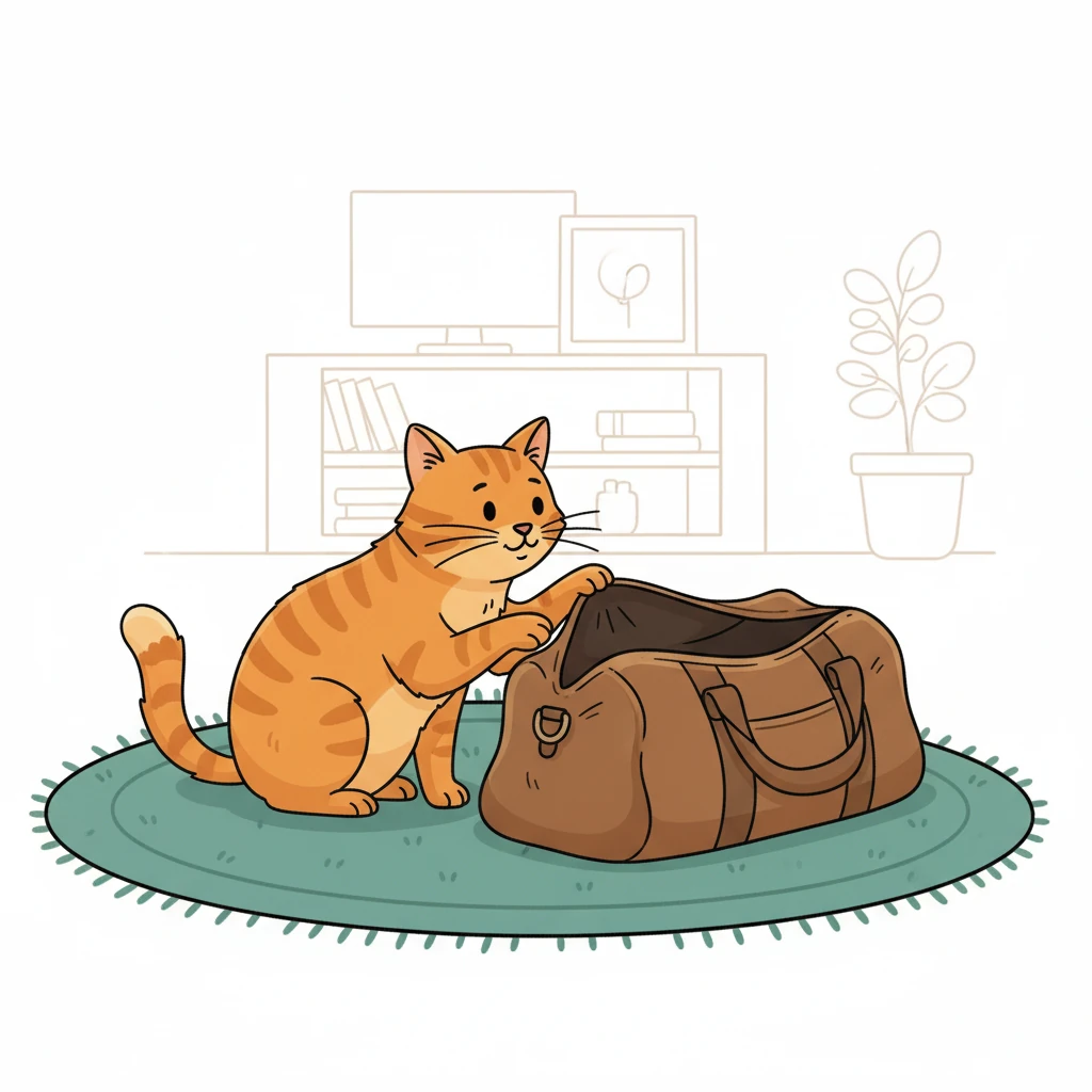 Pat the cat, now out of hiding, sat curiously beside the big bag. What could be inside, the cat wondered?