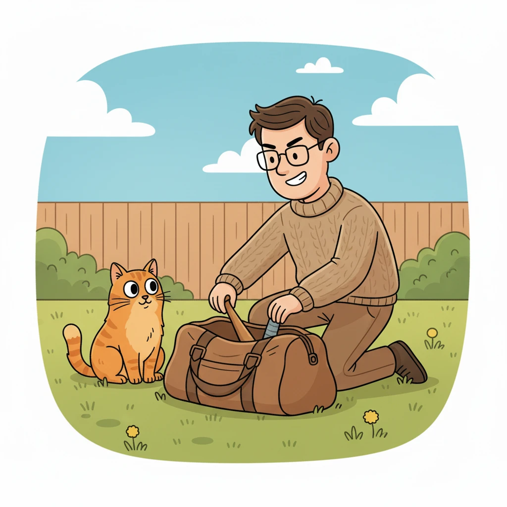 Dan the man, with a little smile, hid a small, wooden bat inside his big brown bag. Pat watched with wide eyes.