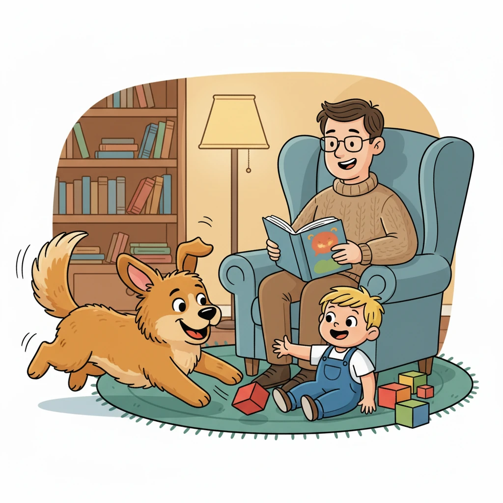 A big, friendly dog, Max, came bounding into the room. Max had a wagging tail and looked very excited.