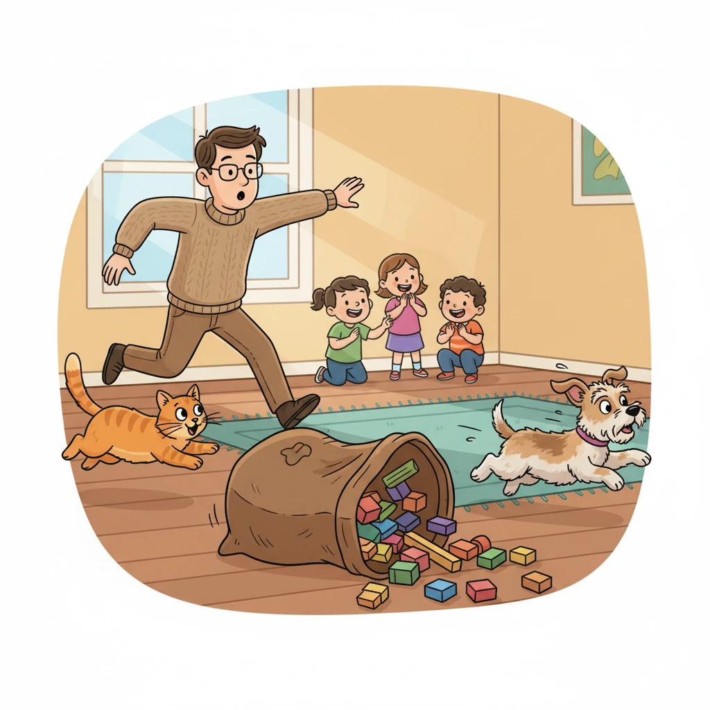 Max the dog, full of energy, ran straight towards the big brown bag. Pat the cat and Dan the man, startled, both ran away from the approaching dog.
