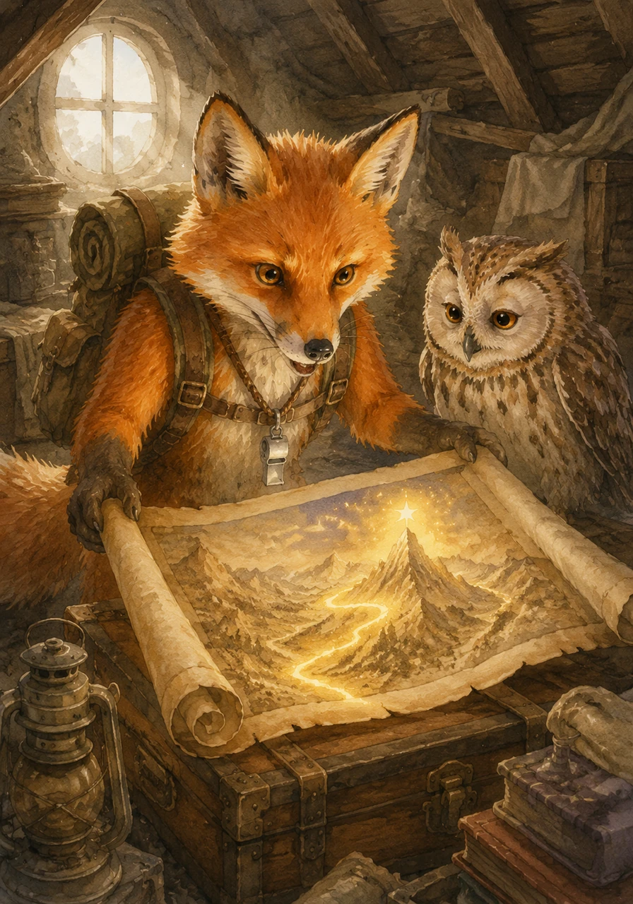 Oliver the fox discovered a dusty, glowing scroll tucked away in a forgotten corner of his attic. As he unrolled it, a map of shimmering gold ink revealed the path to the legendary Starlight Peak, a place said to hold the world's greatest treasure.