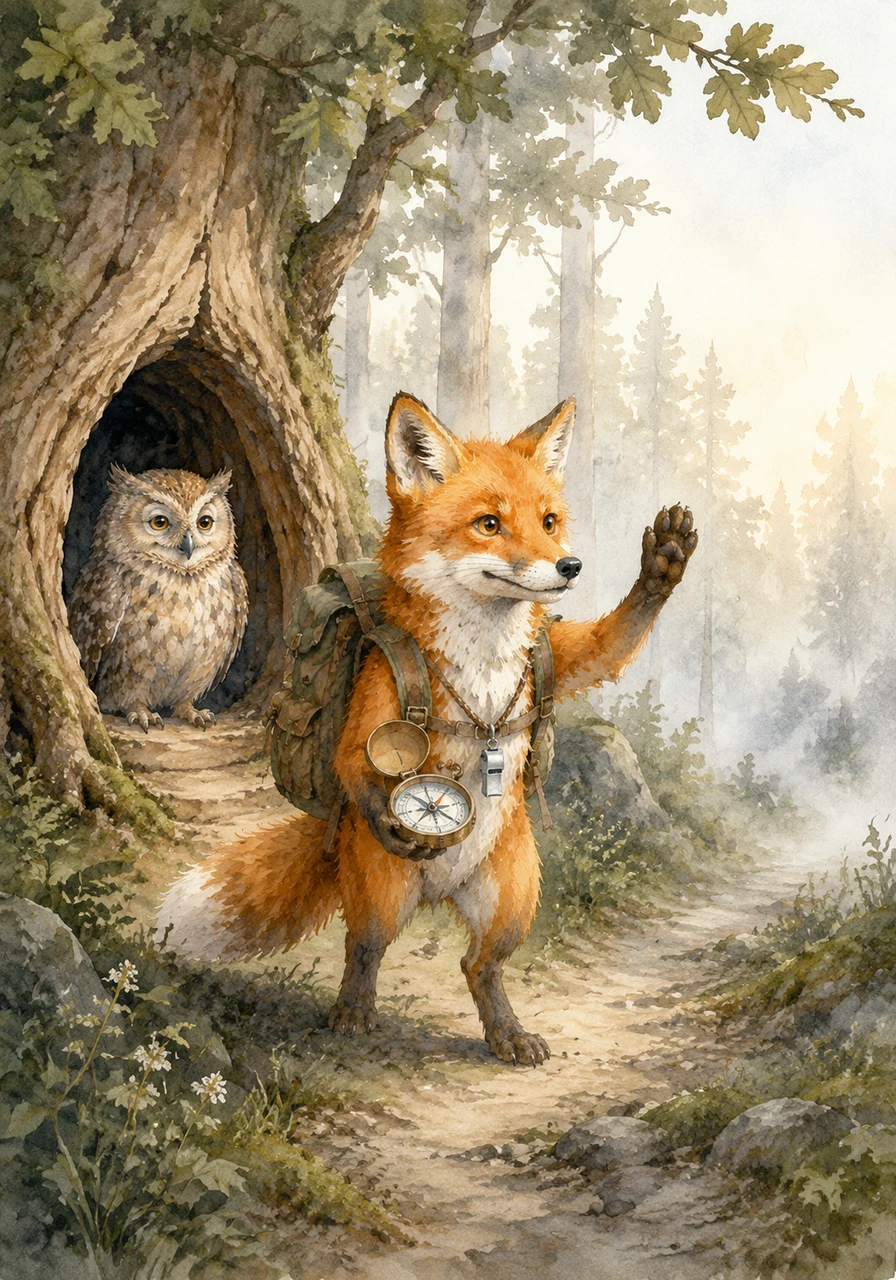 With his sturdy backpack strapped tight and a compass in hand, Oliver stepped out of his cozy burrow into the soft morning mist. He waved goodbye to the tall oaks of his home, his heart racing with the thrill of the unknown and the promise of a grand adventure.