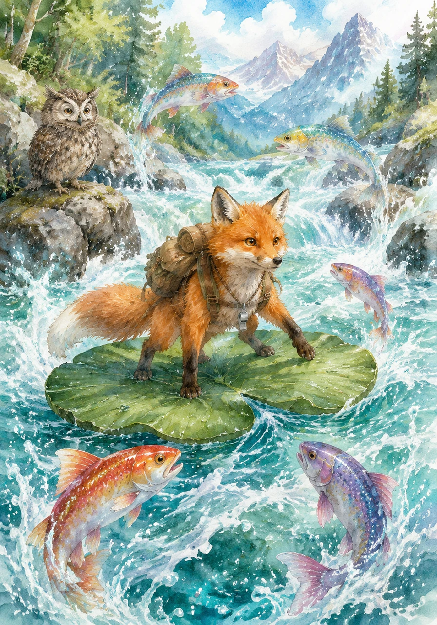 At the edge of the Crystal River, Oliver hopped onto a giant, sturdy lily pad to navigate the rushing turquoise waters. Brightly colored fish leaped through the air around him, their scales sparkling like jewels as they guided him toward the distant mountains.