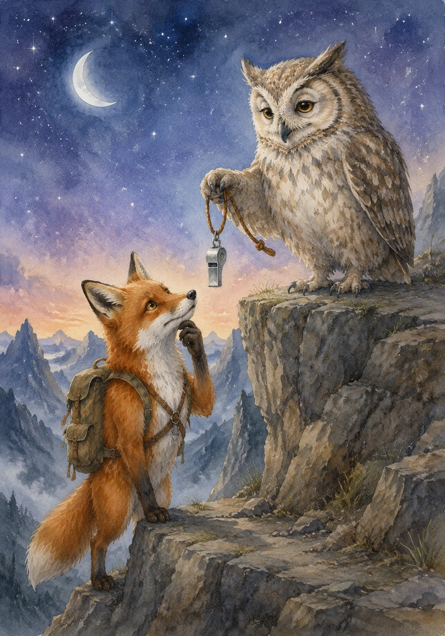 High on a rocky ledge, a wise old owl named Barnaby blocked the path with a playful riddle about the moon and the stars. Oliver thought long and hard, finally answering correctly, and the owl gifted him a silver whistle to use if he ever felt lost.