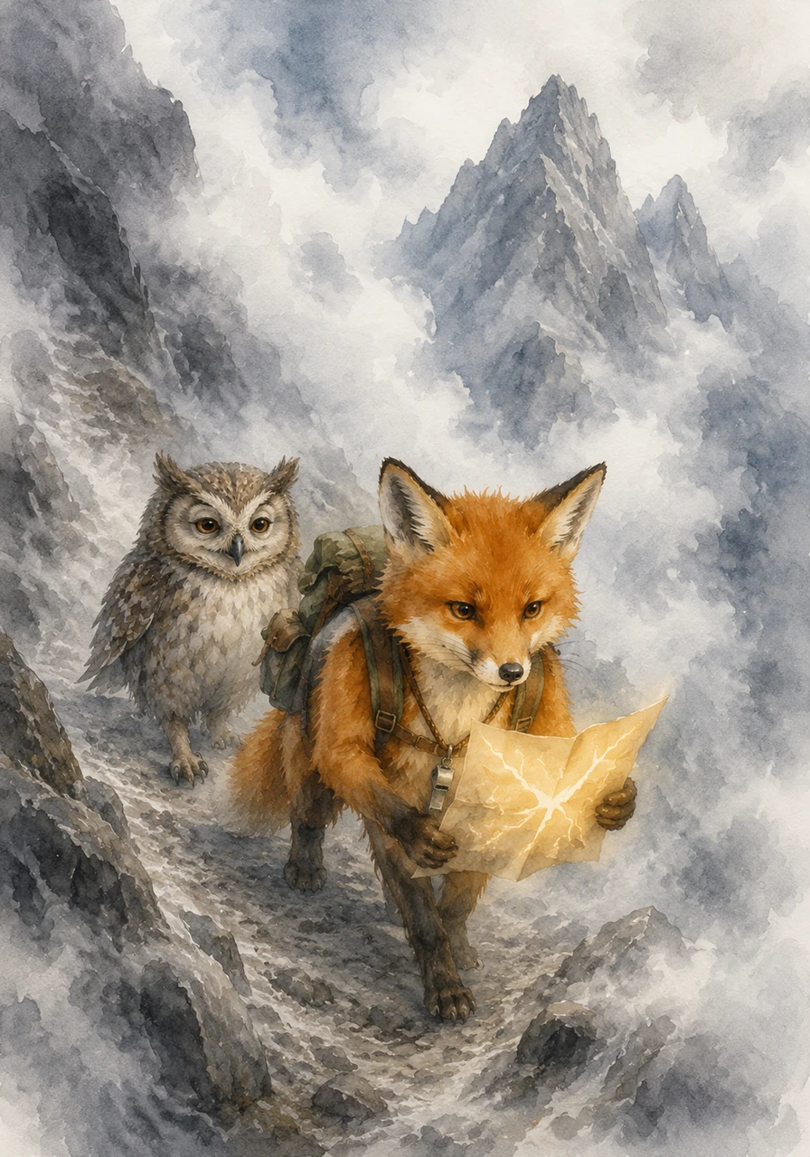The air grew cold and thin as Oliver began the steep climb up the Misty Mountains. Thick, white clouds swirled around his paws, but the glowing lines on his map burned brighter than ever, lighting his way through the heavy fog.