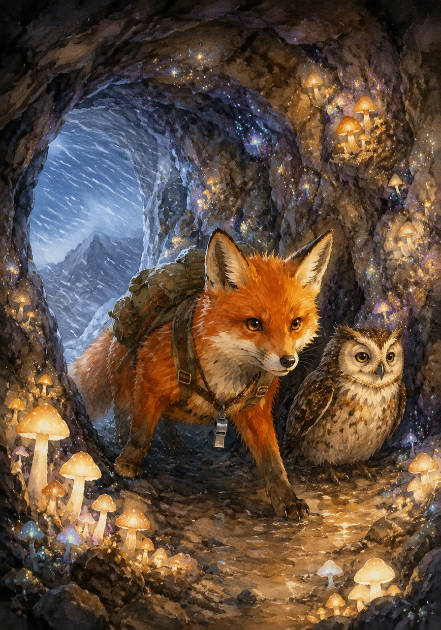 To escape a sudden gust of mountain wind, Oliver ducked into a hidden cavern illuminated by thousands of glowing mushrooms. The walls sparkled like a subterranean galaxy, reflecting the bravery and determination in the little fox's bright eyes.
