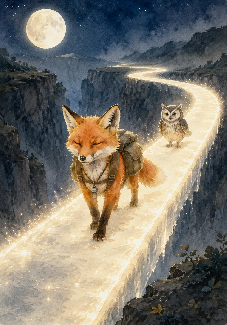 He soon reached a bridge made of solid, shimmering moonlight that stretched across a deep and dark canyon. Taking a deep breath and closing his eyes for a moment, Oliver crossed the bridge with steady paws, trusting in the magic of his quest.